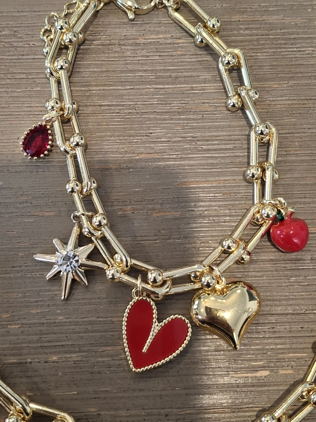 Gold Charm Necklace and Bracelet Set with Red Hearts - photo 3