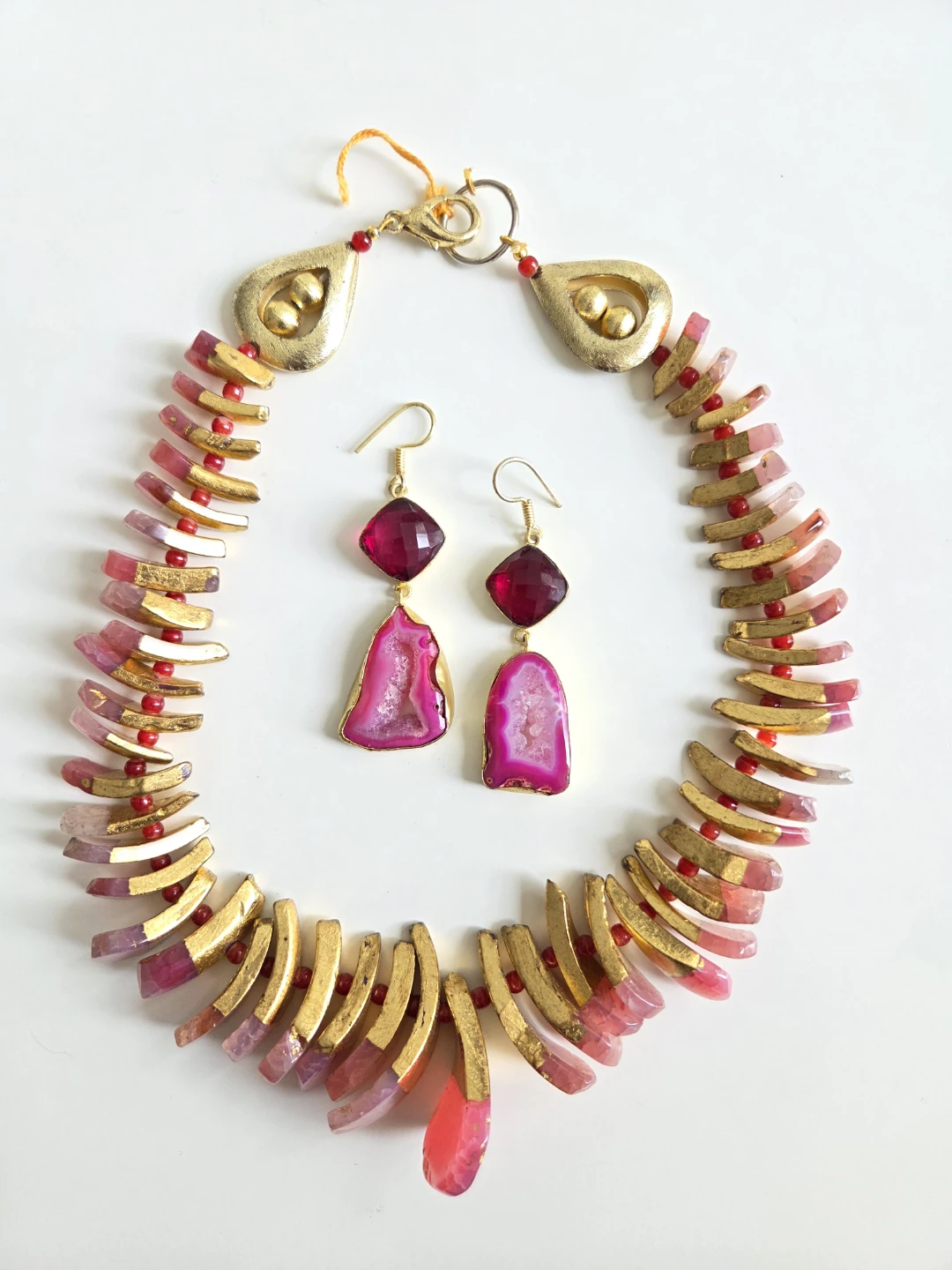 Semi precious-Gold Necklace Earrings Set with Pink Agate