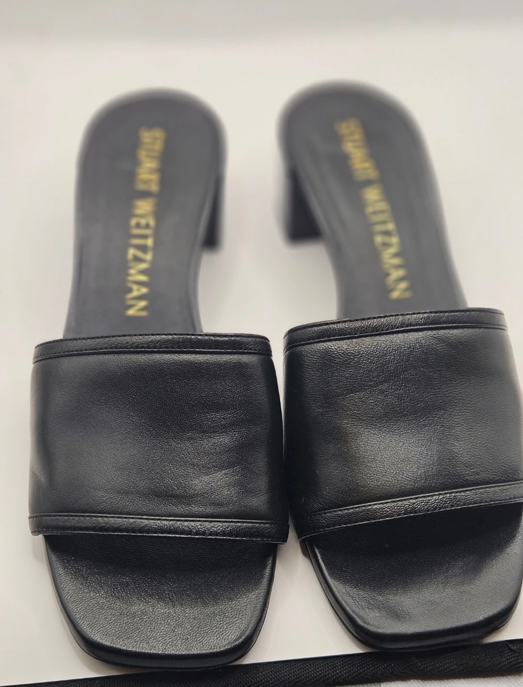 Stuart Weitzman Black Leather Block Heel Slide Sandals