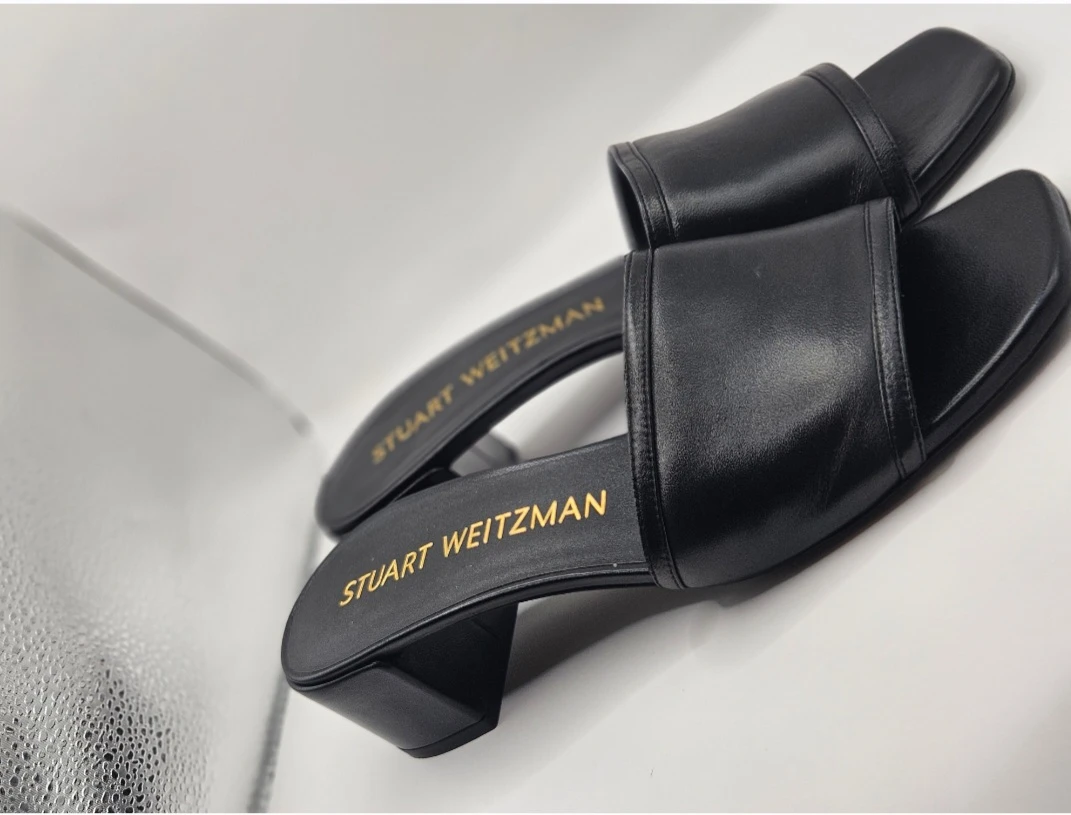 Stuart Weitzman Black Leather Block Heel Slide Sandals - photo 4