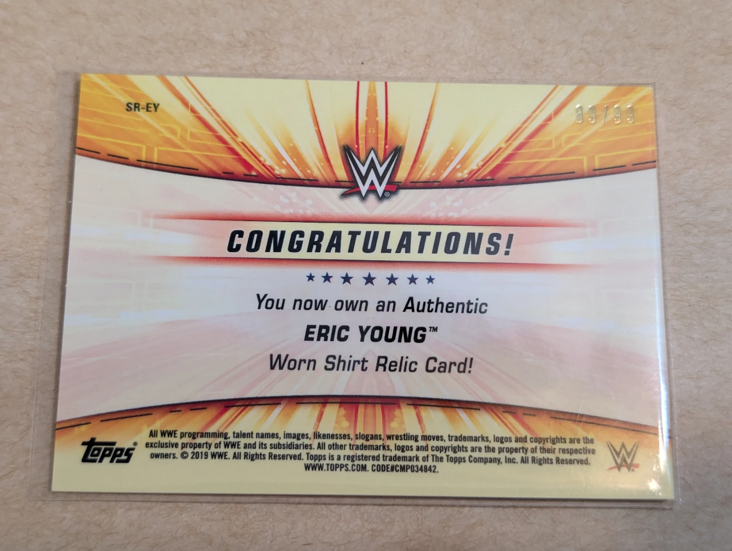 Topps WWE SmackDown Live Eric Young Worn Shirt Relic Card - photo 2