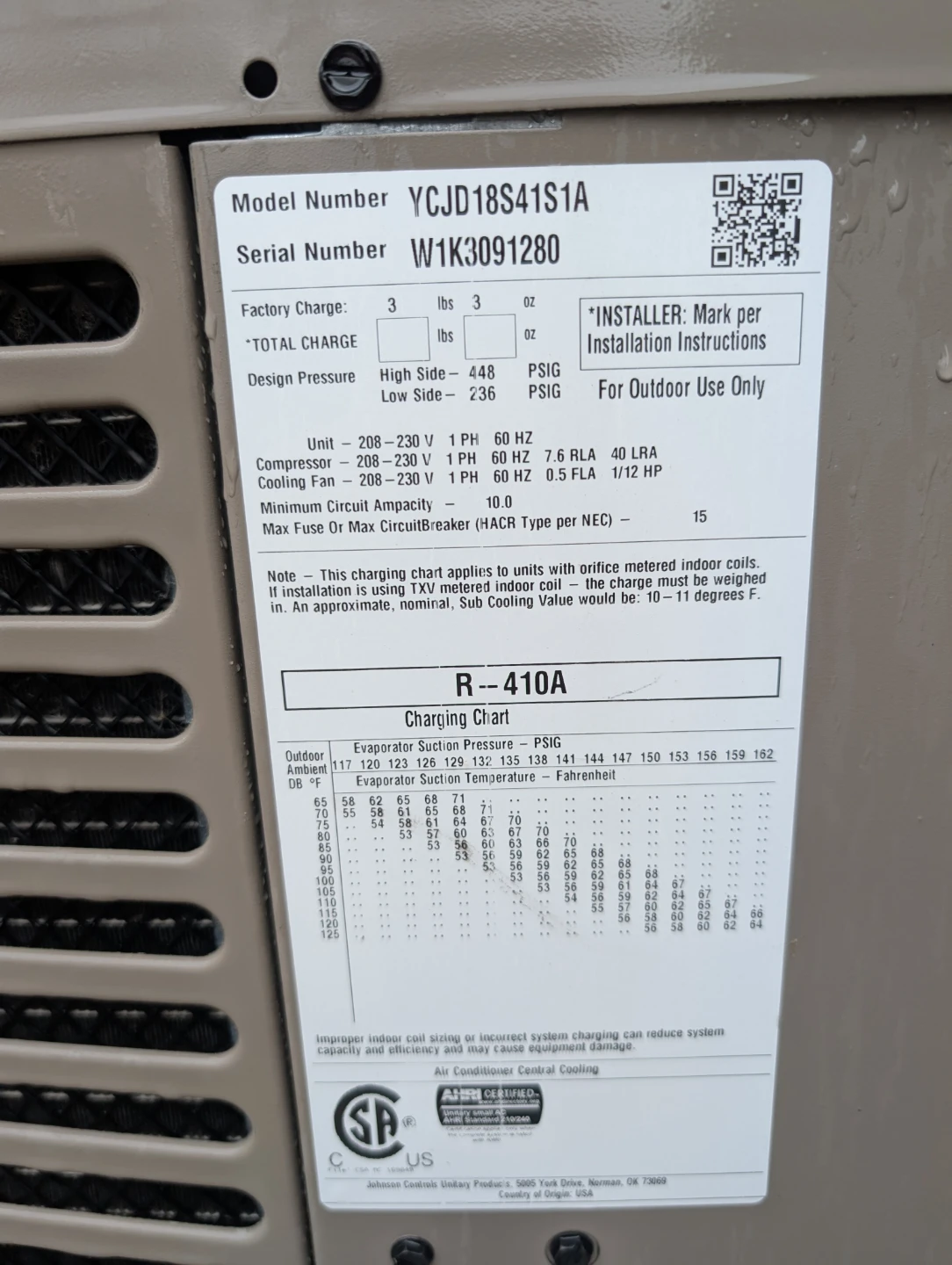 York Air Conditioner Condenser YCJ D18S41S1A - photo 3