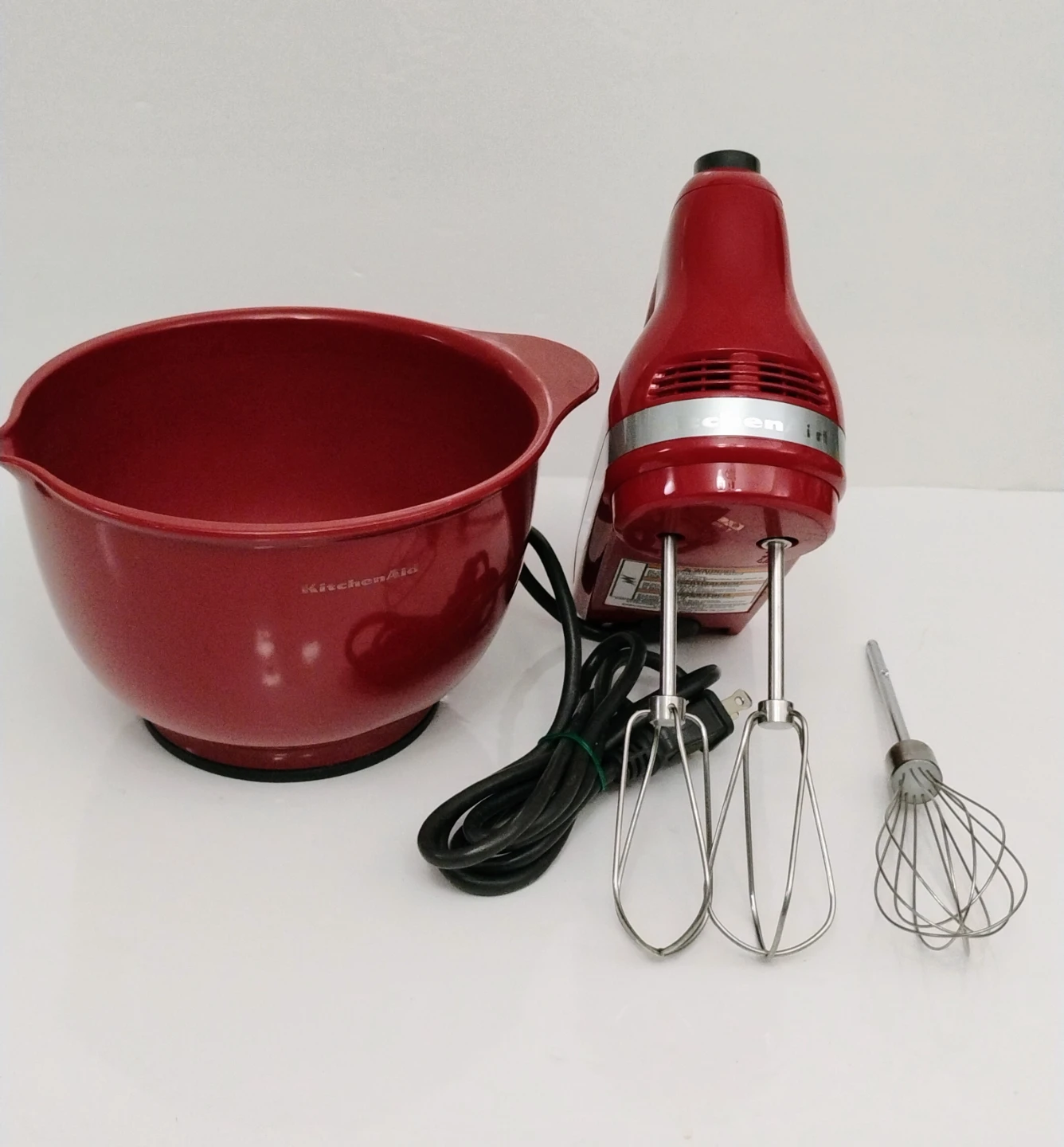 KitchenAid Red Hand Mixer with Bowl and Attachments use - photo 4