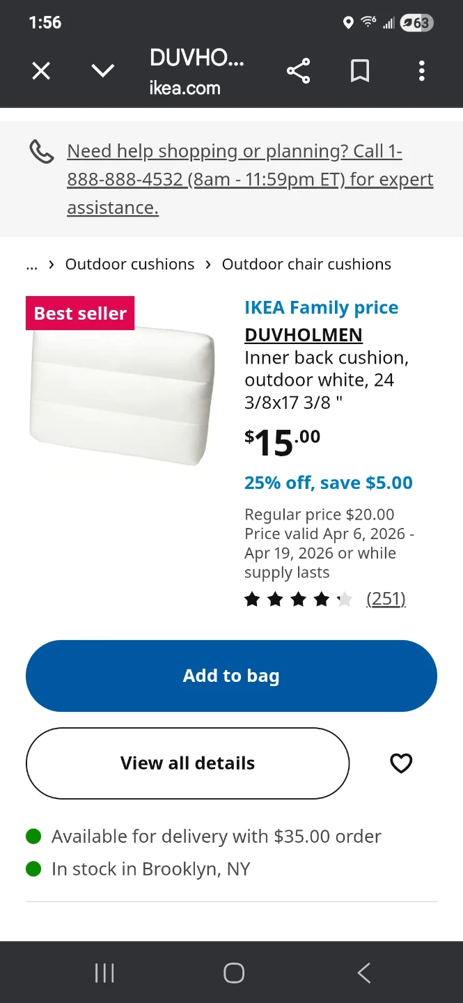 IKEA DUVHOLMEN Inner Back Cushion Outdoor White 24 3/8x17 3/8"