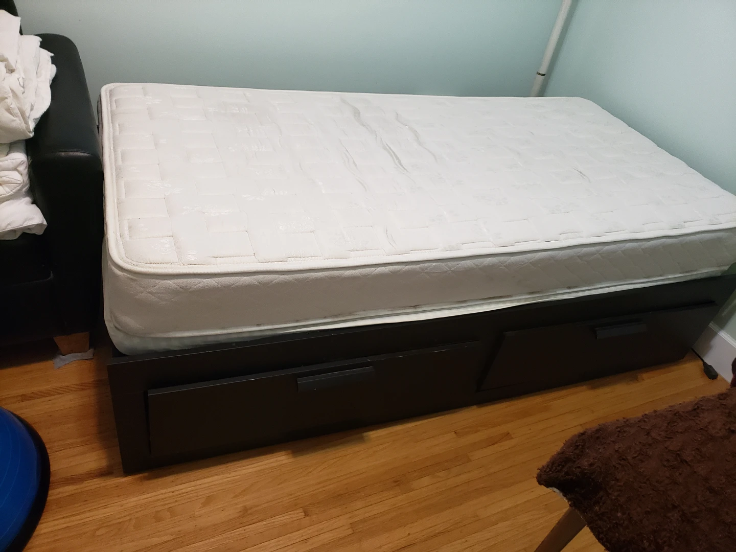 Single Mattress with Dark Wood Drawer Bed Frame
