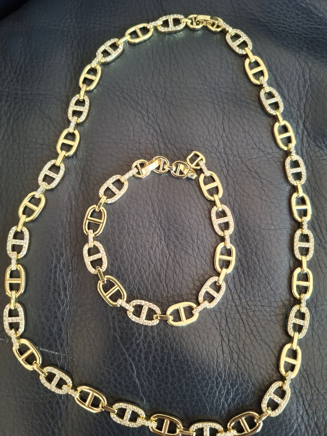 Gold Tone Chain Necklace and Bracelet Set with Rhinestones - photo 2