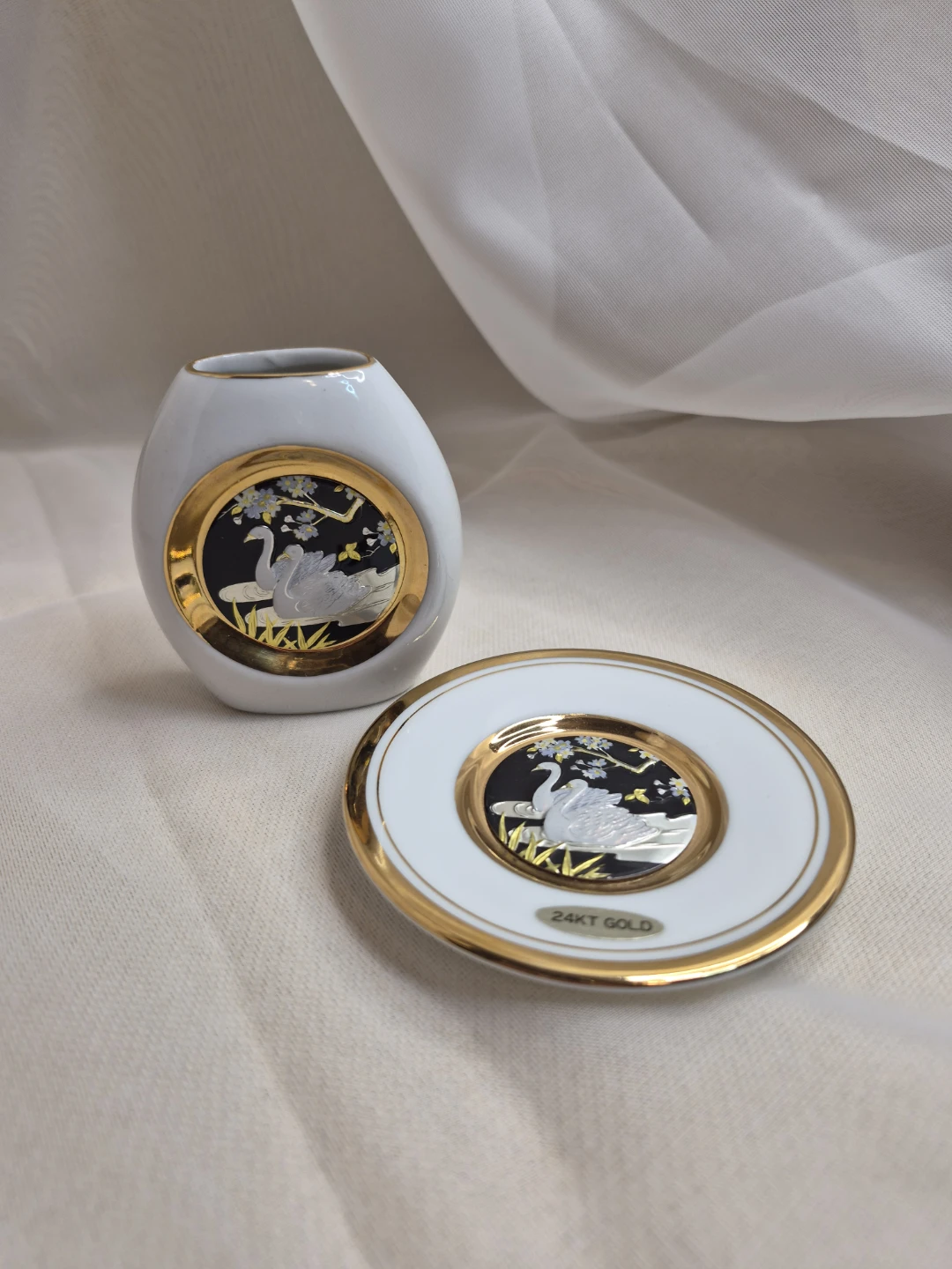 Art of Chokin Porcelain Vase & Plate Set 24kt Gold Edge...