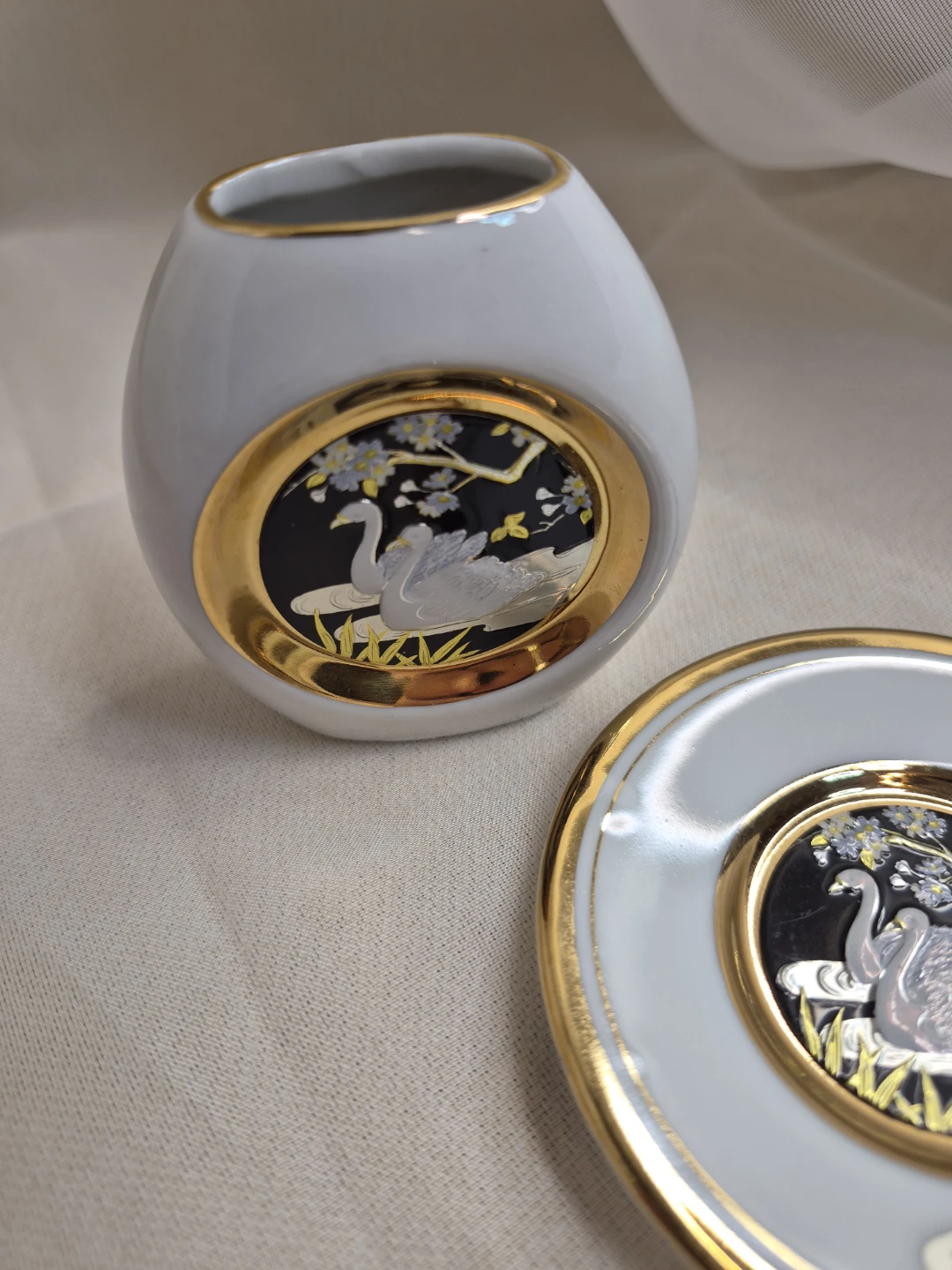 Art of Chokin Porcelain Vase & Plate Set 24kt Gold Edge... - photo 3