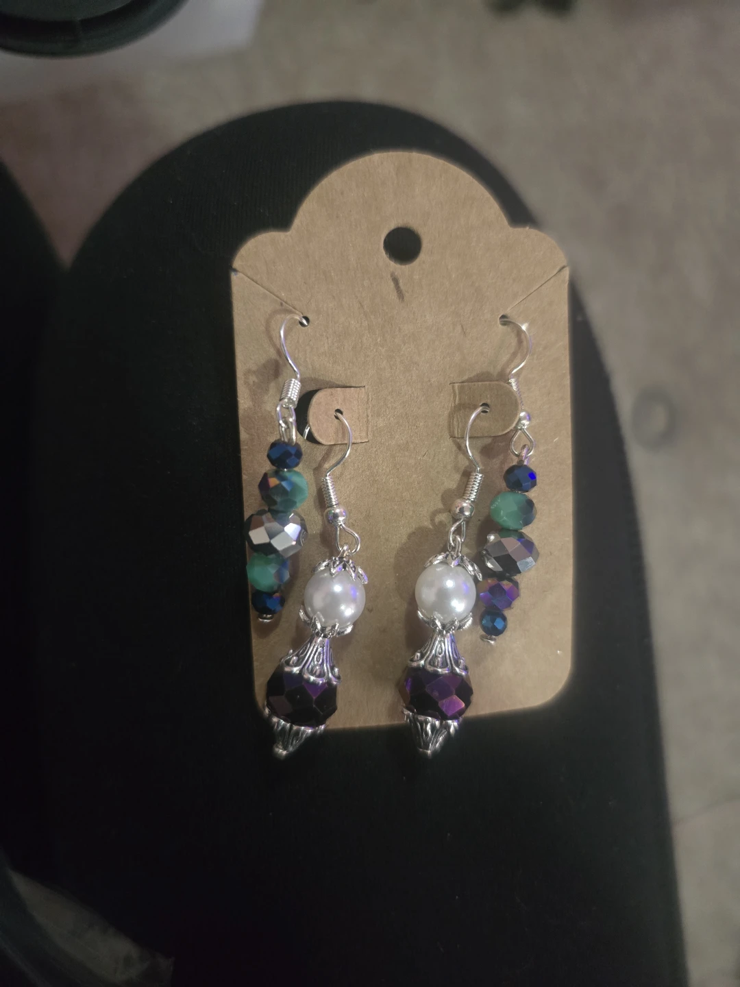 Handmade Beaded Drop Earrings with Pearls and Purple Crystals