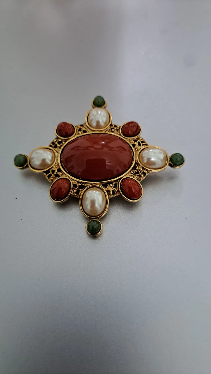 Vintage Brooch with Red, White, and Green Stones