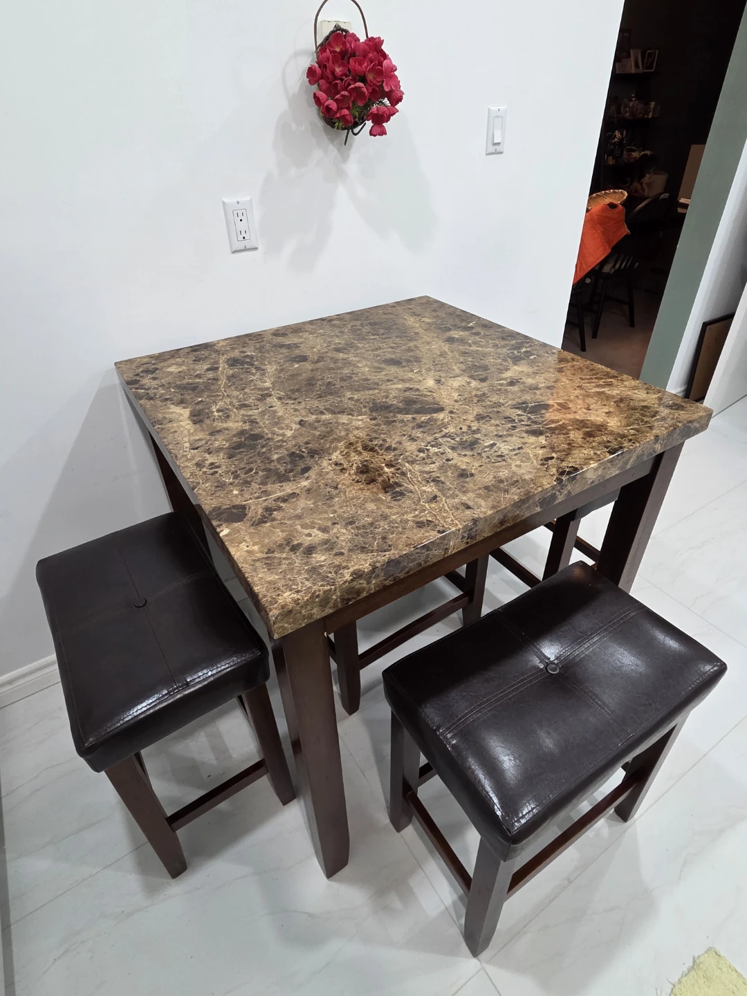 Square Marble Design Top Dining Table with 4 Dark Brown Stools