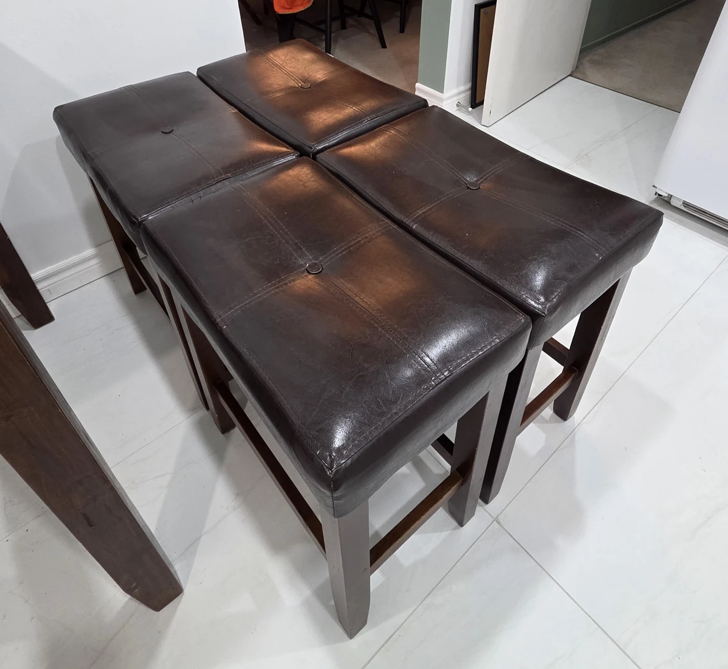 Square Marble Design Top Dining Table with 4 Dark Brown Stools - photo 4