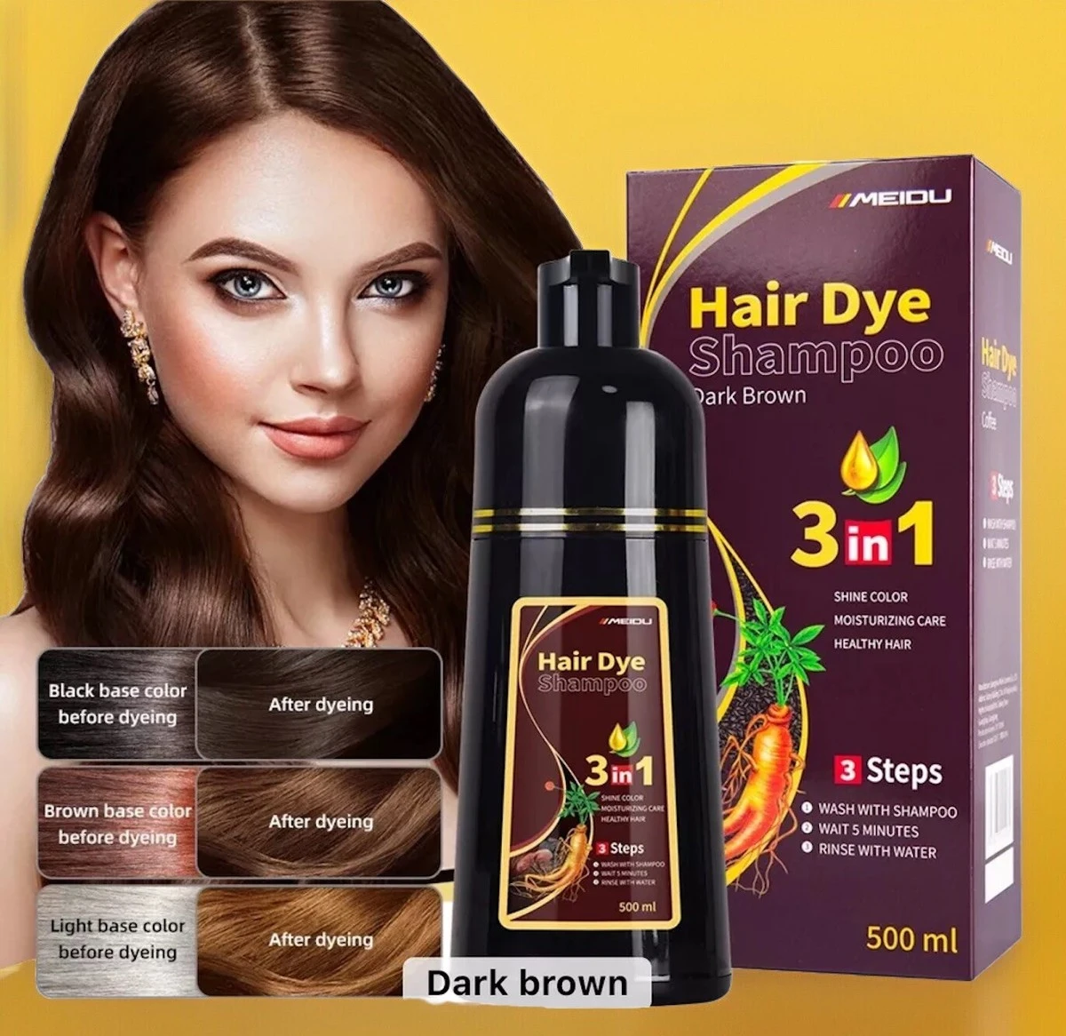 MEIDU Hair Dye Shampoo - Dark Brown 3-in-1 (500 ml)
