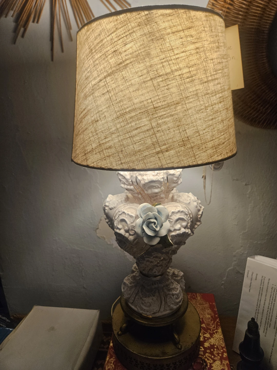 Vintage CopidemontePorcelain  Table Lamp with Blue Rose Accent