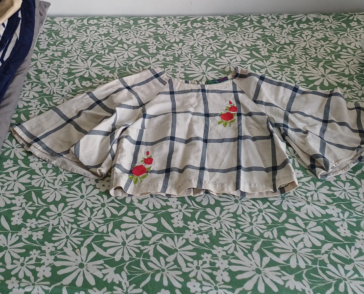 Cream and blue plaid blouse with embroidered roses