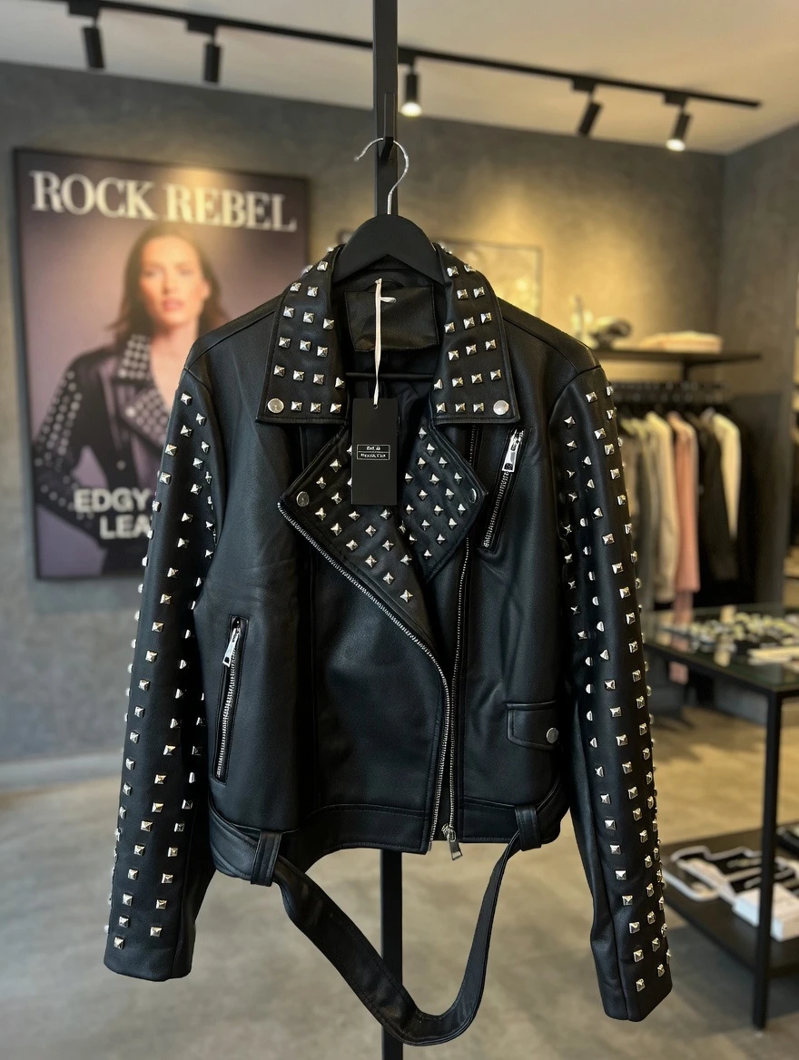 Black Studded Faux Leather Biker Jacket