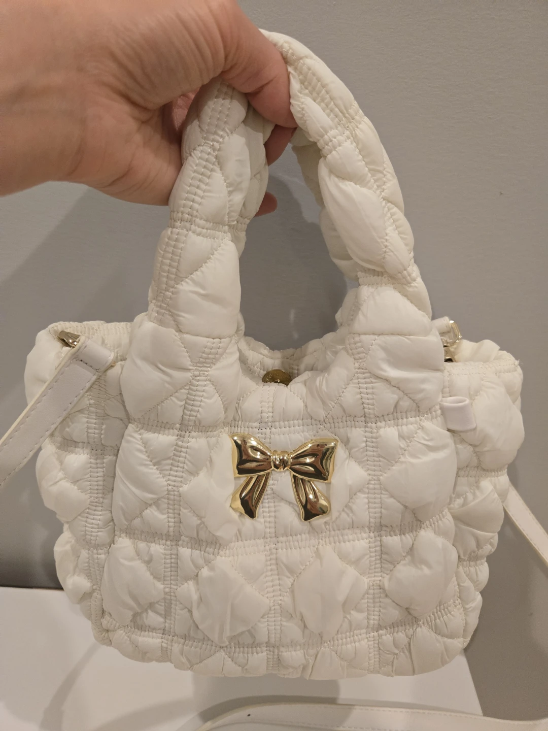 White Puffer Quilted Tote Crossbody Handbag with Gold Bow Detail
