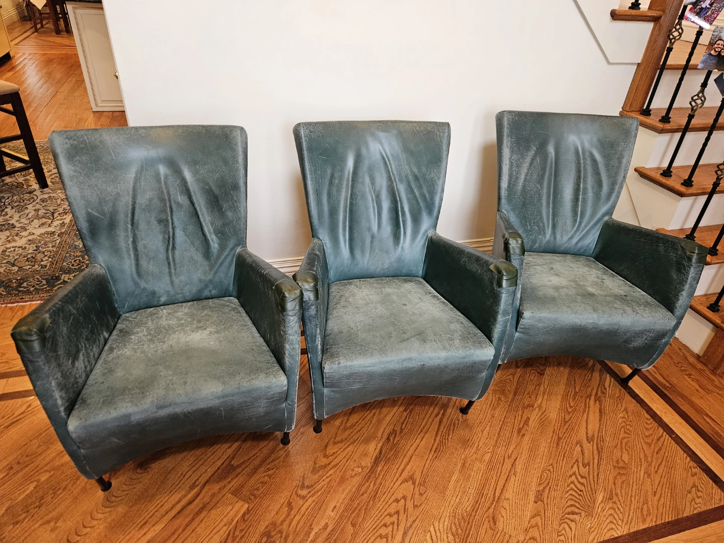 Set of 3 Blue Leather Armchairs