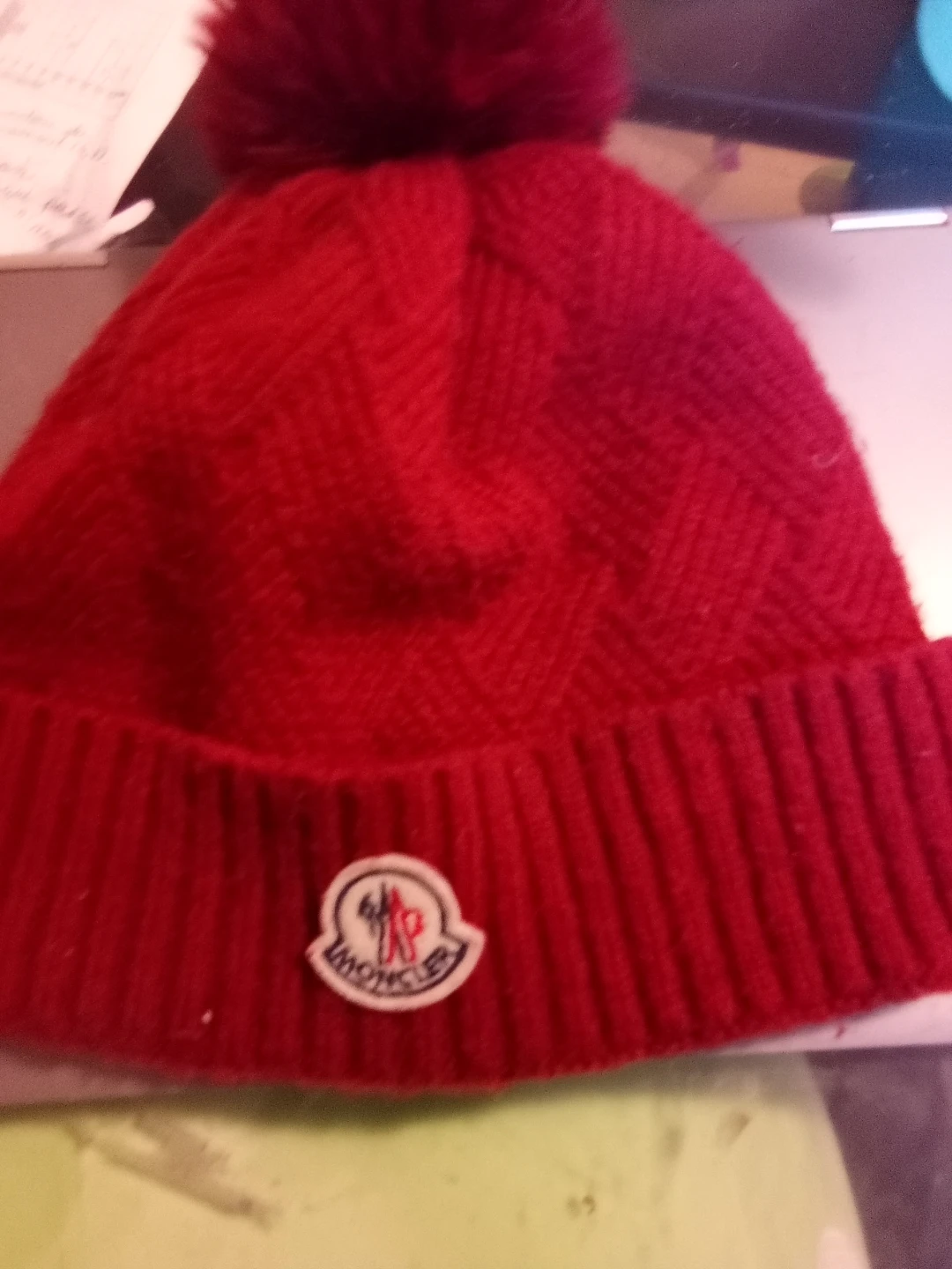 Moncler Red Knit Beanie with Pom Pom