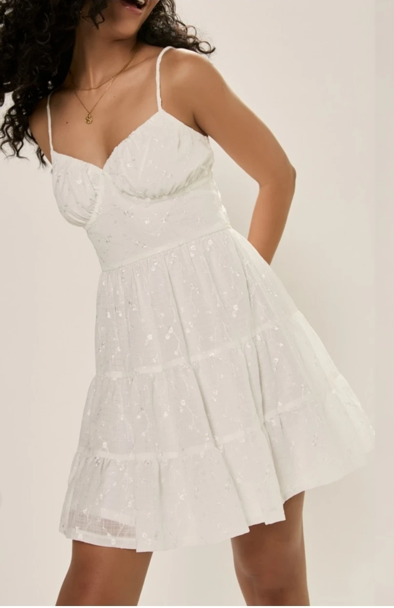 White Tiered Mini Dress with Floral Embroidery