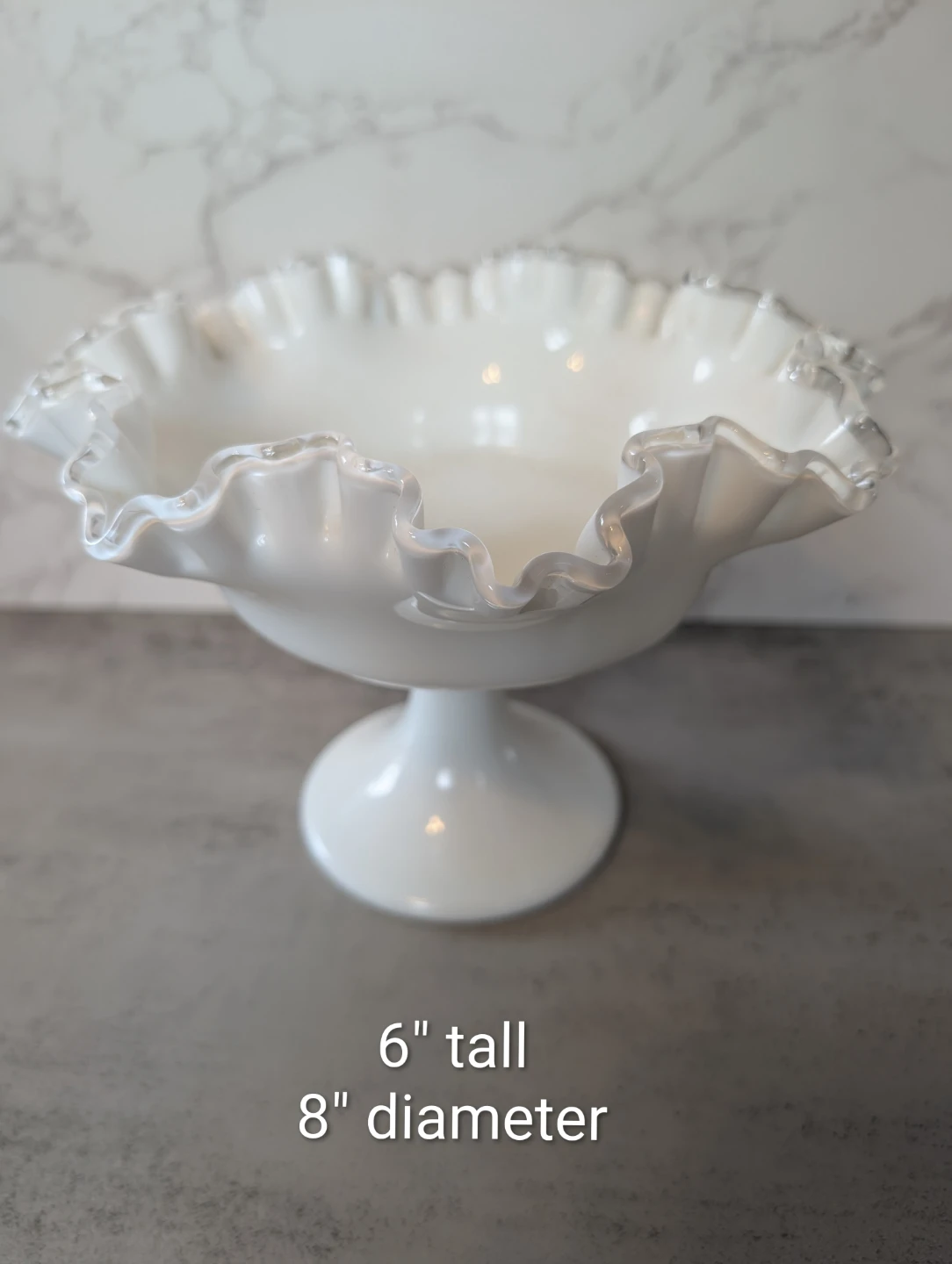 Vintage Fenton milk glass ruffled pedestal bowl