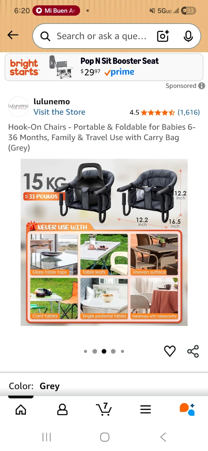 Lulunemo Hook-On Baby Booster Seat - Grey - photo 3