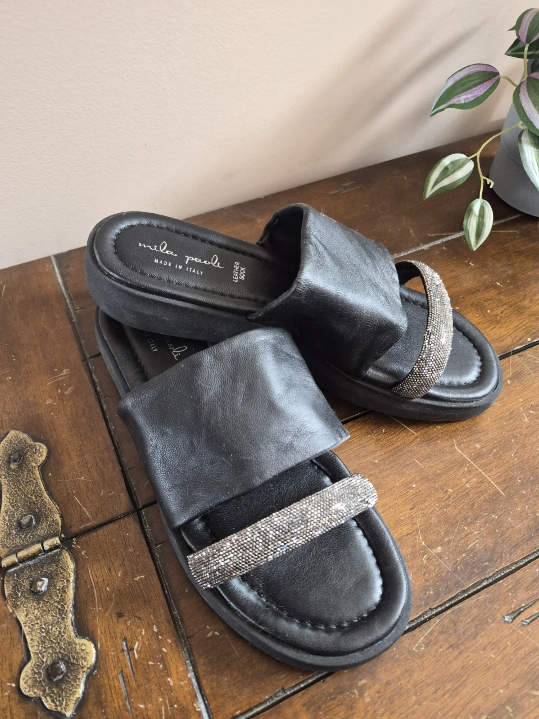 Mila Paola Black Leather Slide Sandals with Rhinestone