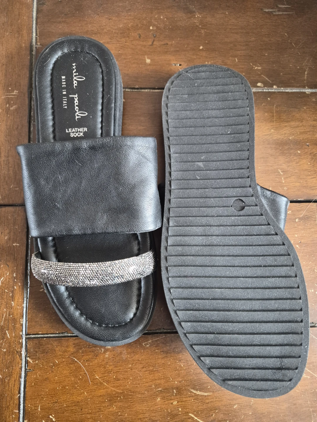 Mila Paola Black Leather Slide Sandals with Rhinestone - photo 2