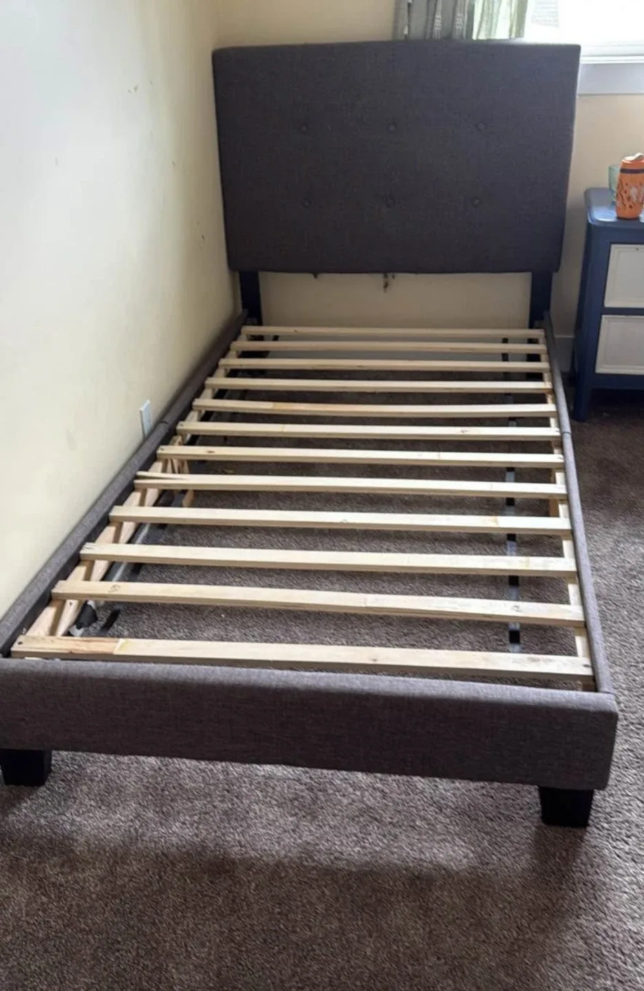 Dark Grey Upholstered Twin Bed Frame with Headboard - photo 2