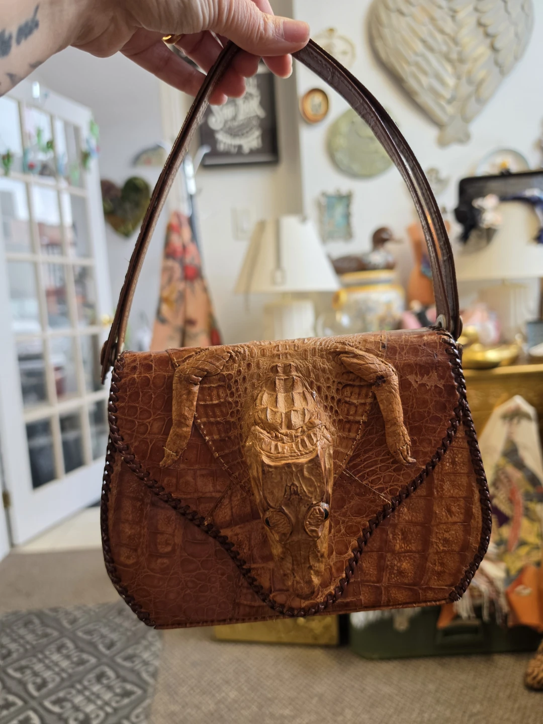 Vintage Alligator Crocodile Skin Handbag Purse Brown
