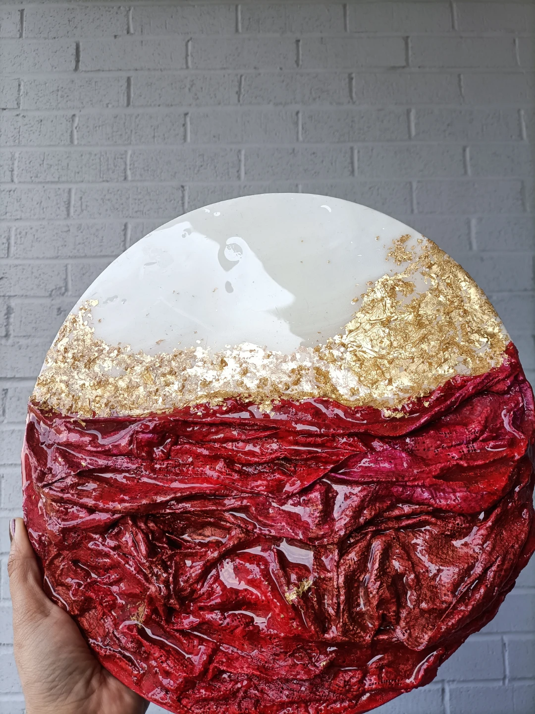 Circular Mixed Media Wall Art - Red Fabric texture - photo 3