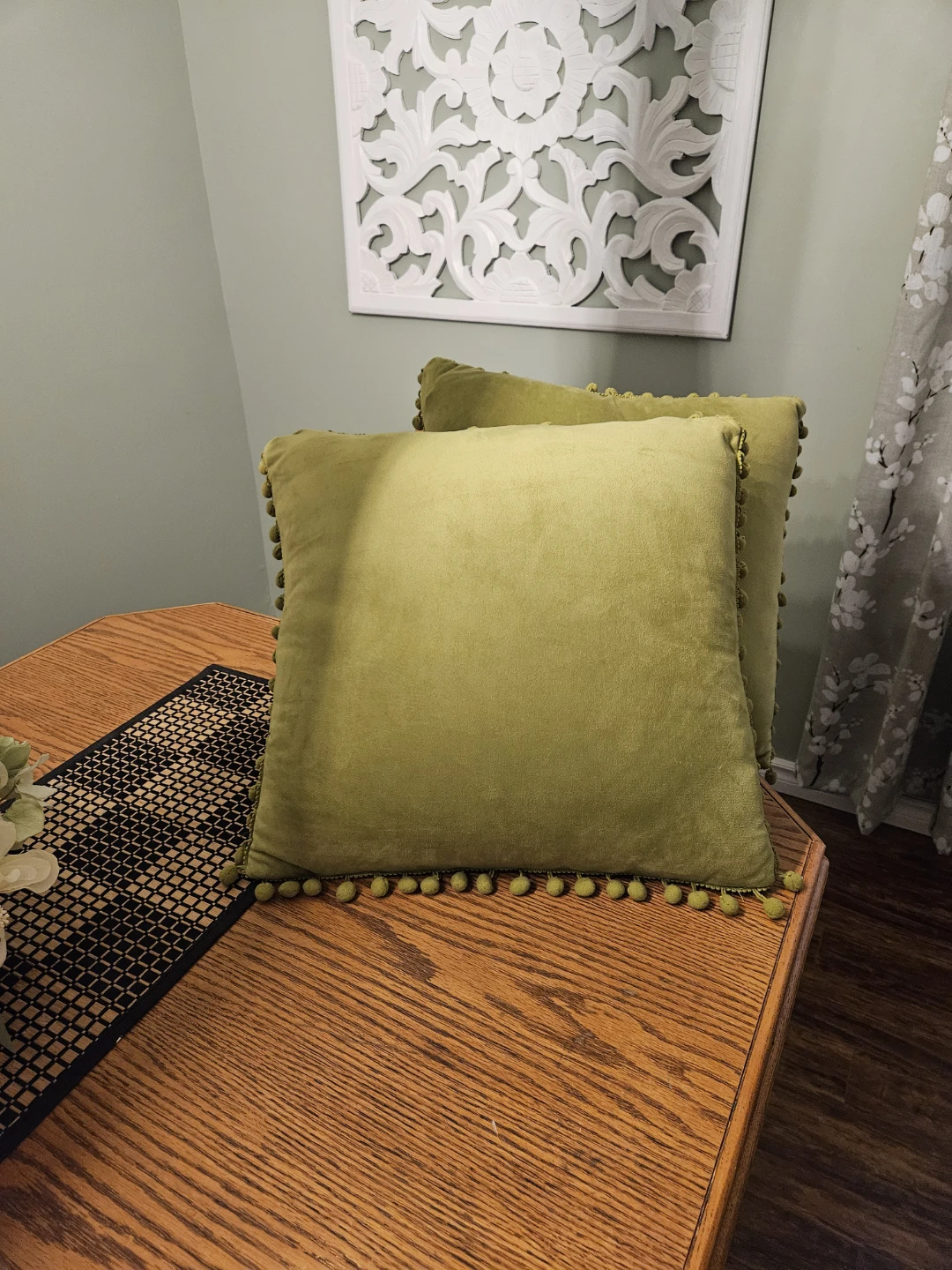 Pair of Green Velvet Toss Pillows with Pom Poms