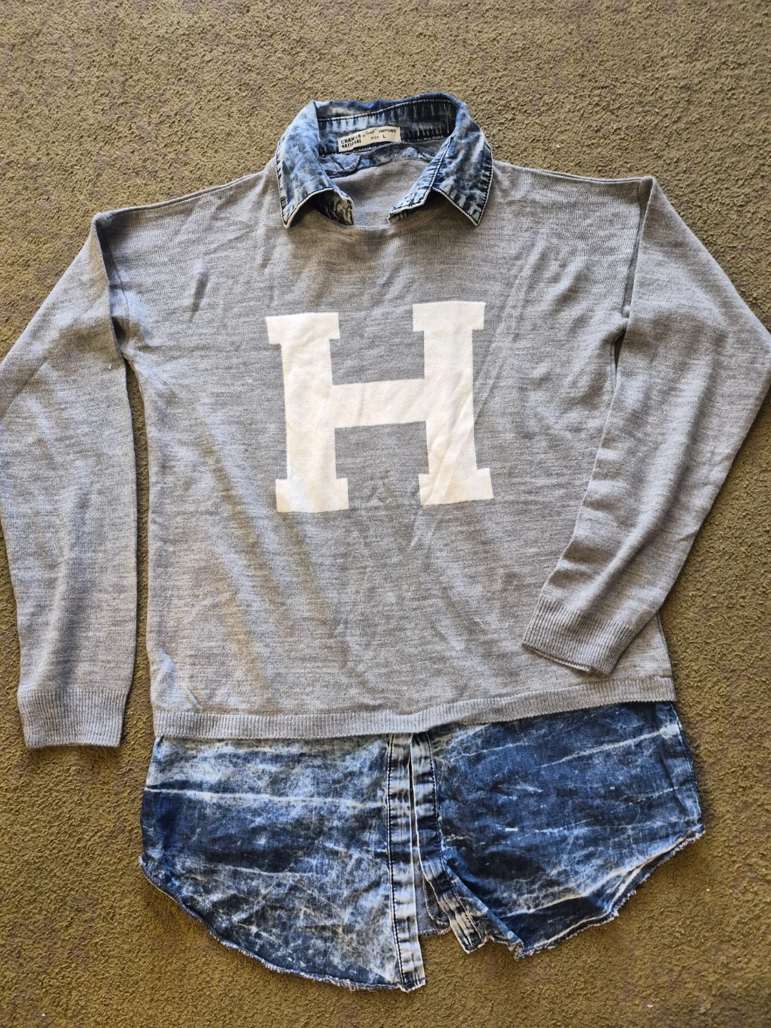 Grey H Logo Sweater with Denim Collar and Hem