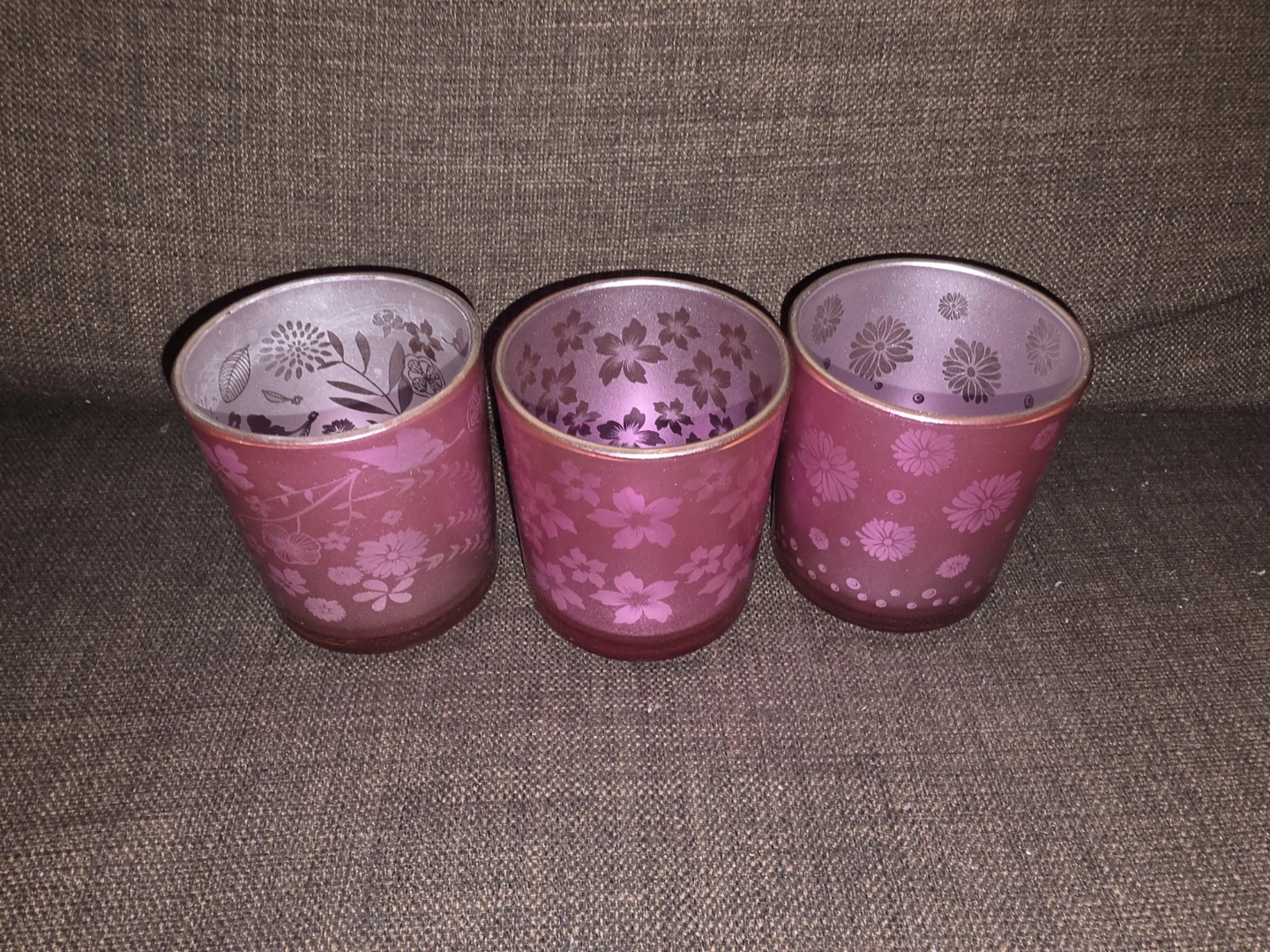 Set of 3 Purple Floral Glass Candle Holders