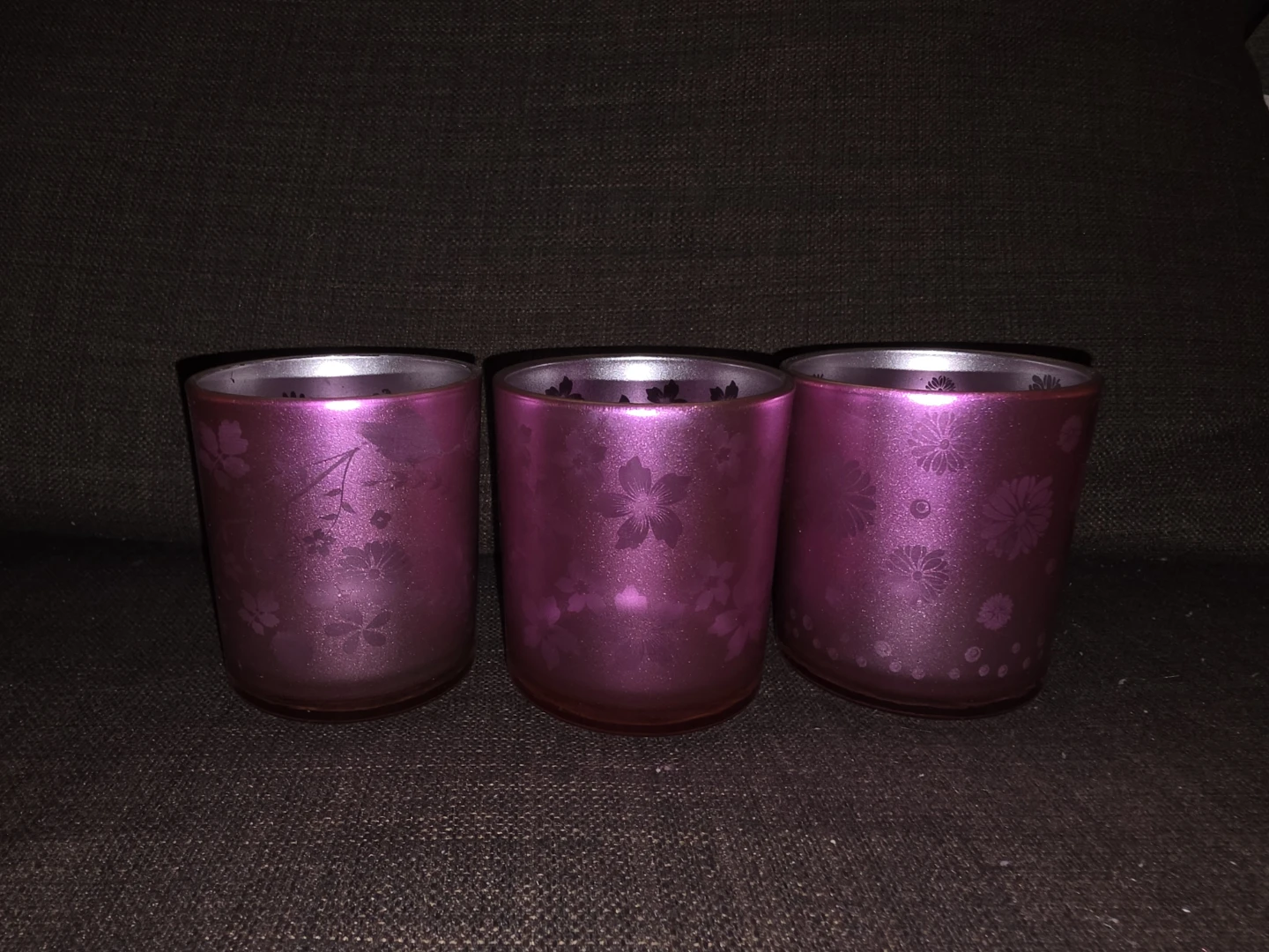 Set of 3 Purple Floral Glass Candle Holders - photo 2