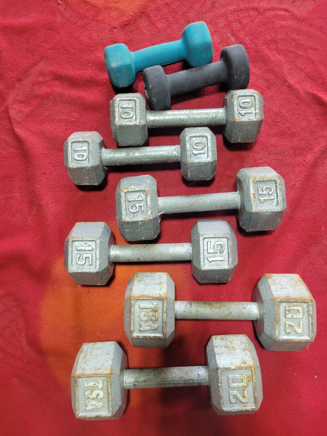SETS OF 20s. 15s. 10s. 5s. HEXHEAD DUMBBELLS TOTAL 100LBs