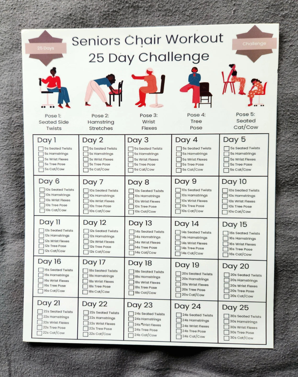 🌱Chair Workout, 25 Day Challenge Charts