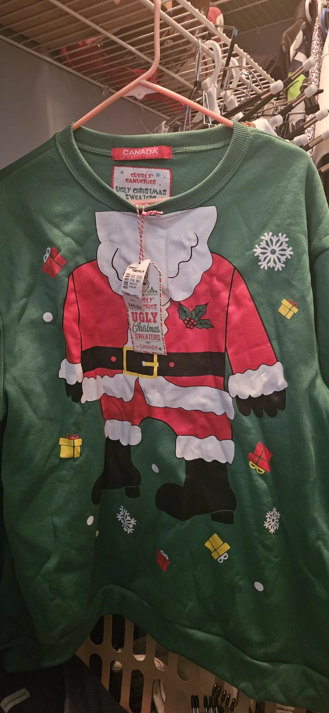 New Cuddly Canuckies Ugly Christmas Sweater Green Santa