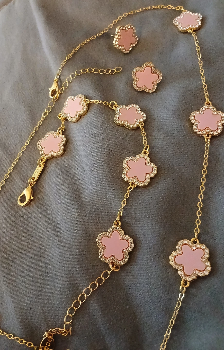 Pink Flower Necklace and Earrings Set