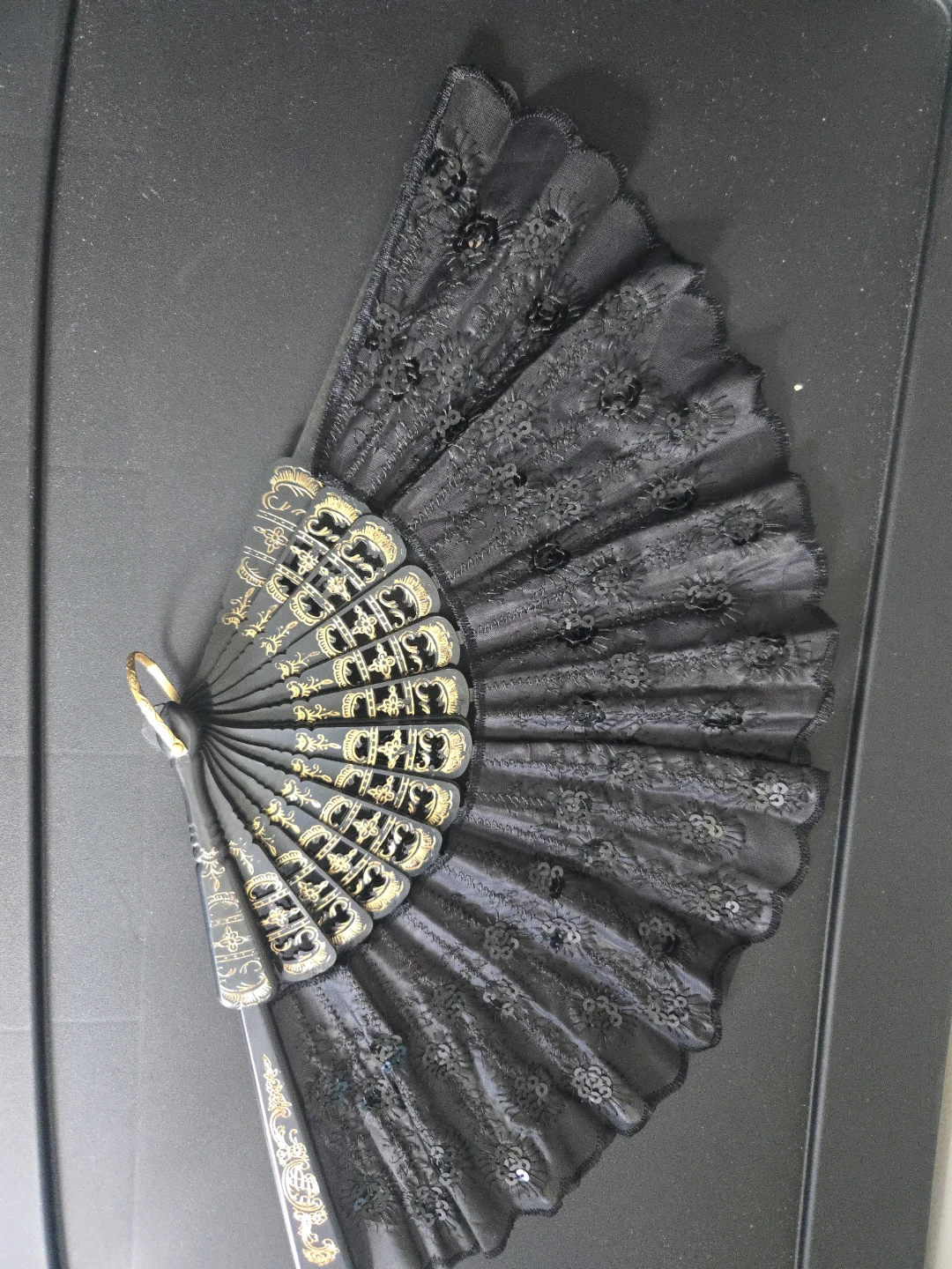 Black Lace Folding Fan with Gold Embellishments
