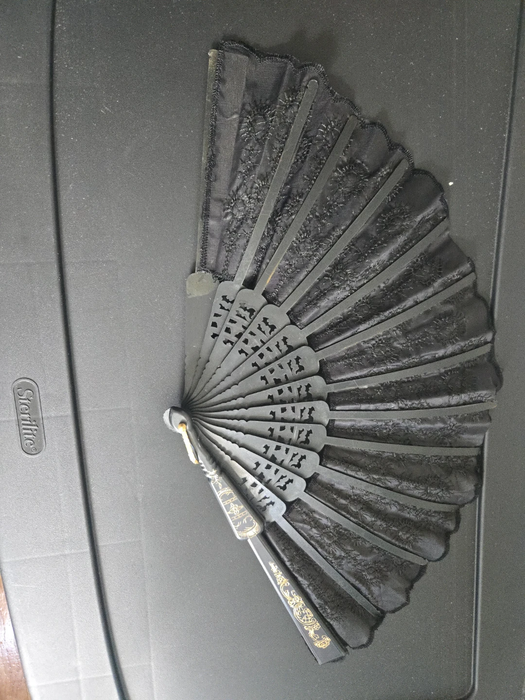 Black Lace Folding Fan with Gold Embellishments - photo 2