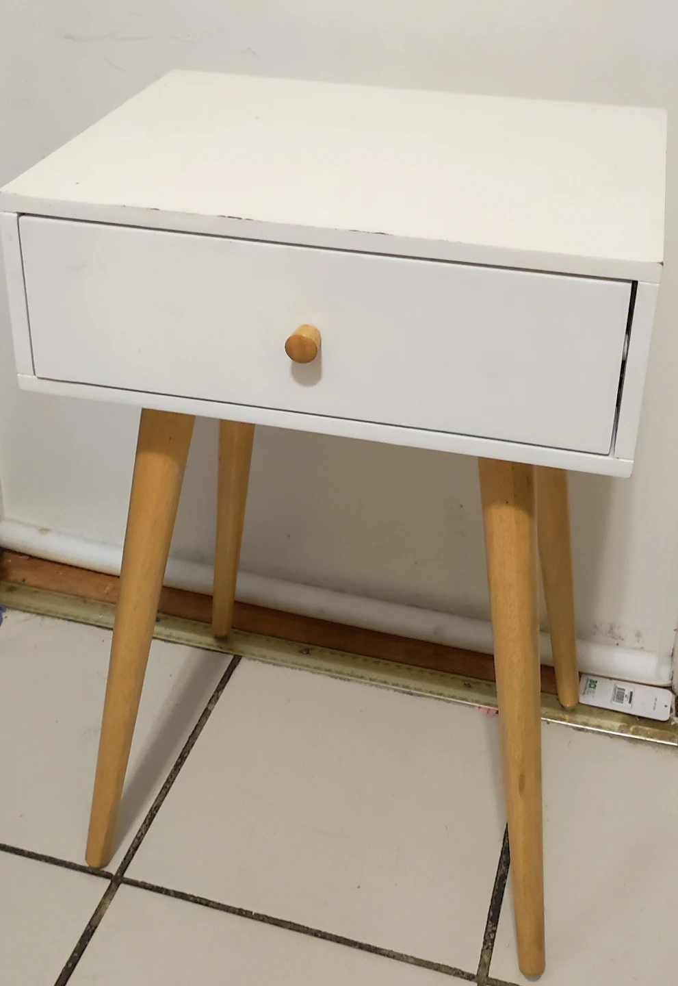 White Nightstand with Drawer and Wooden Legs