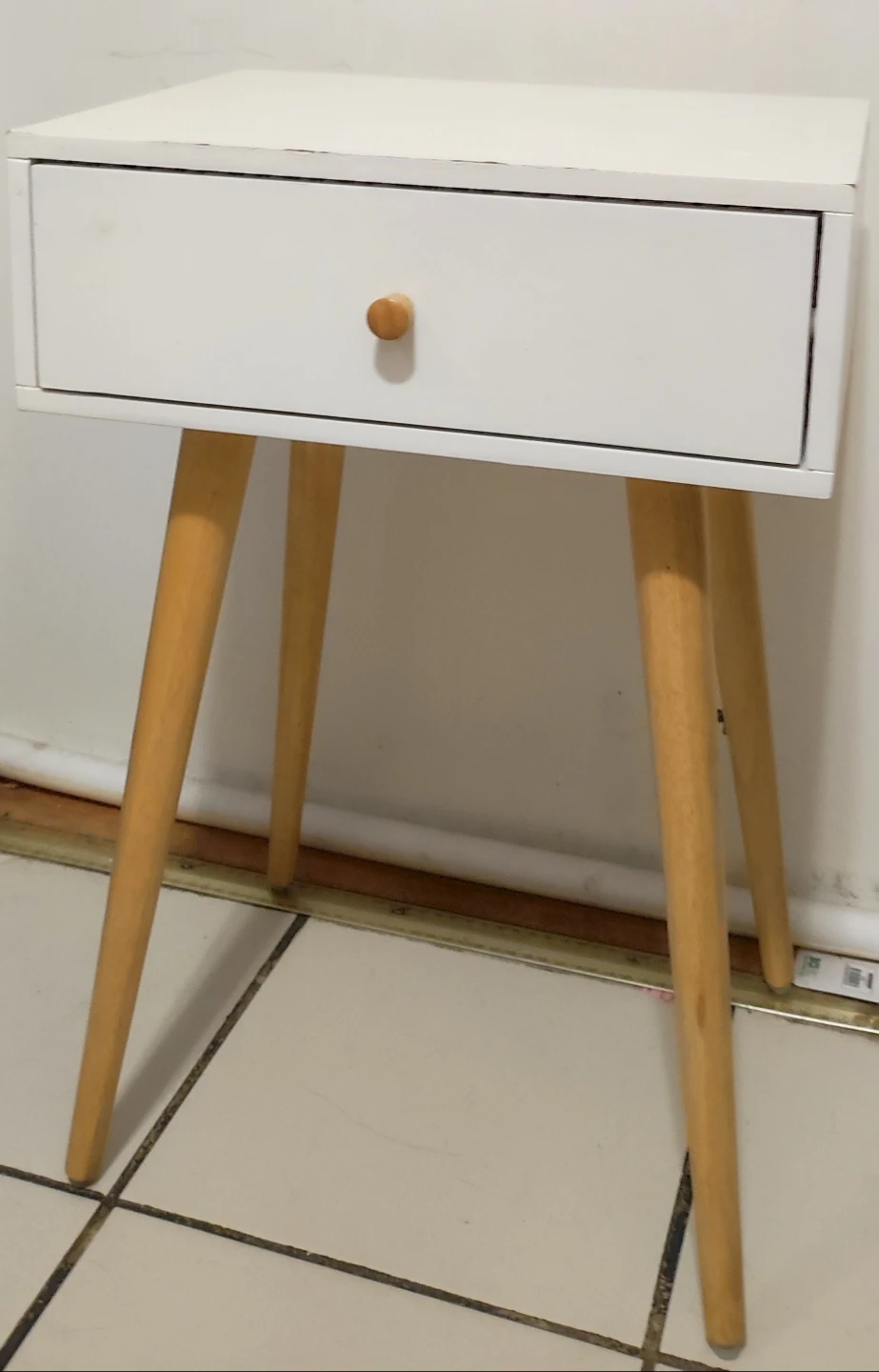 White Nightstand with Drawer and Wooden Legs - photo 2