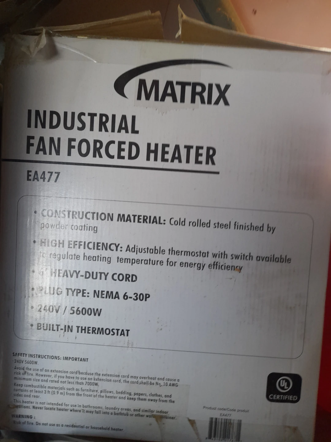MATRIX Industrial Fan Forced Heater EA477 240V/5600W