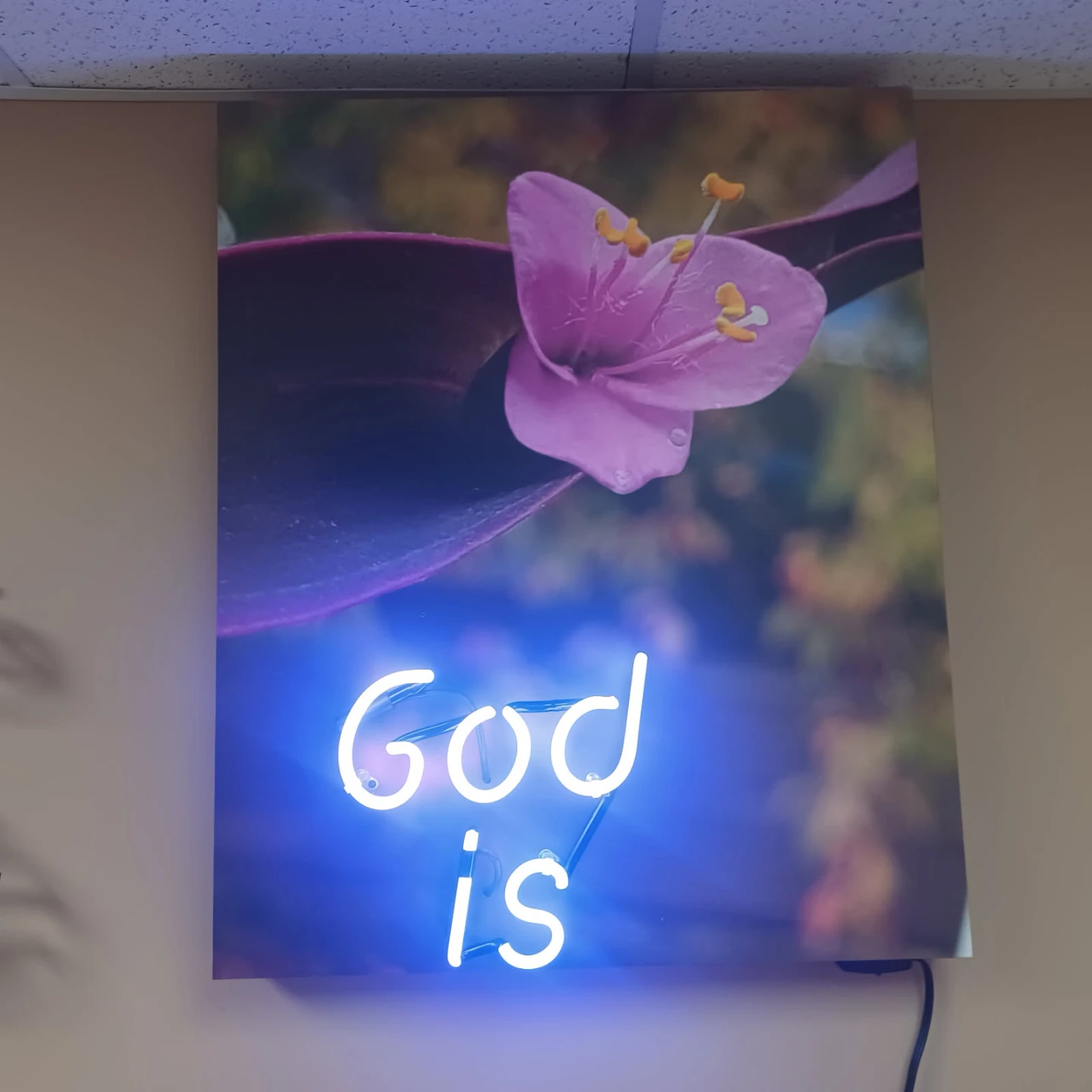Neon "God Is" Sign with Floral Art