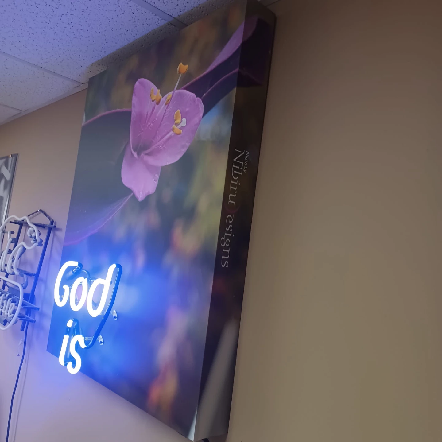 Neon "God Is" Sign with Floral Art - photo 2