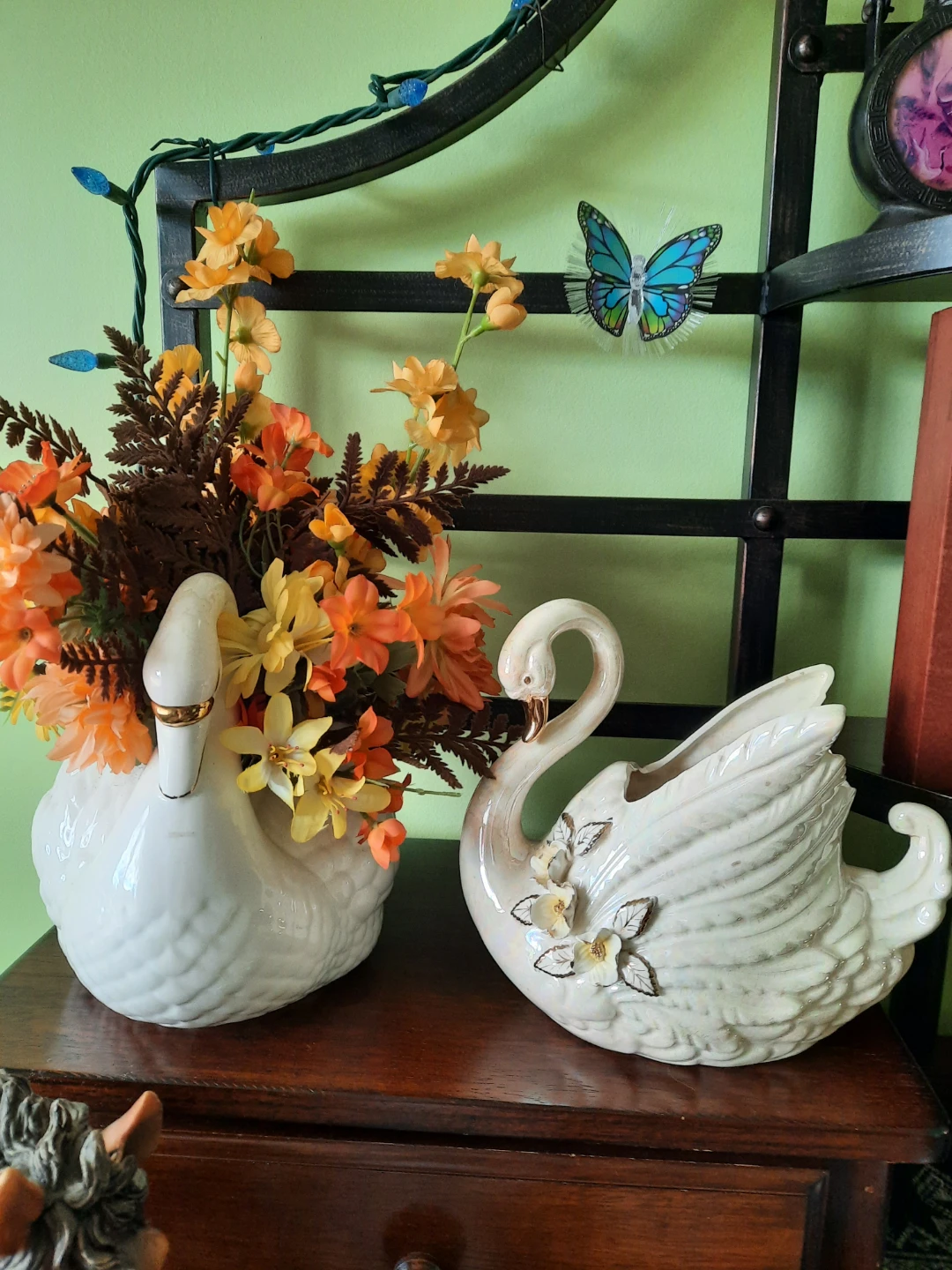 Pair of Ceramic Swan Vases with Faux Flowers