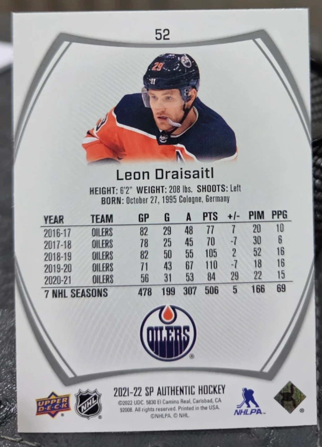2021-22 Upper Deck SP Authentic Hockey Card Leon Draisaitl #52 - photo 2