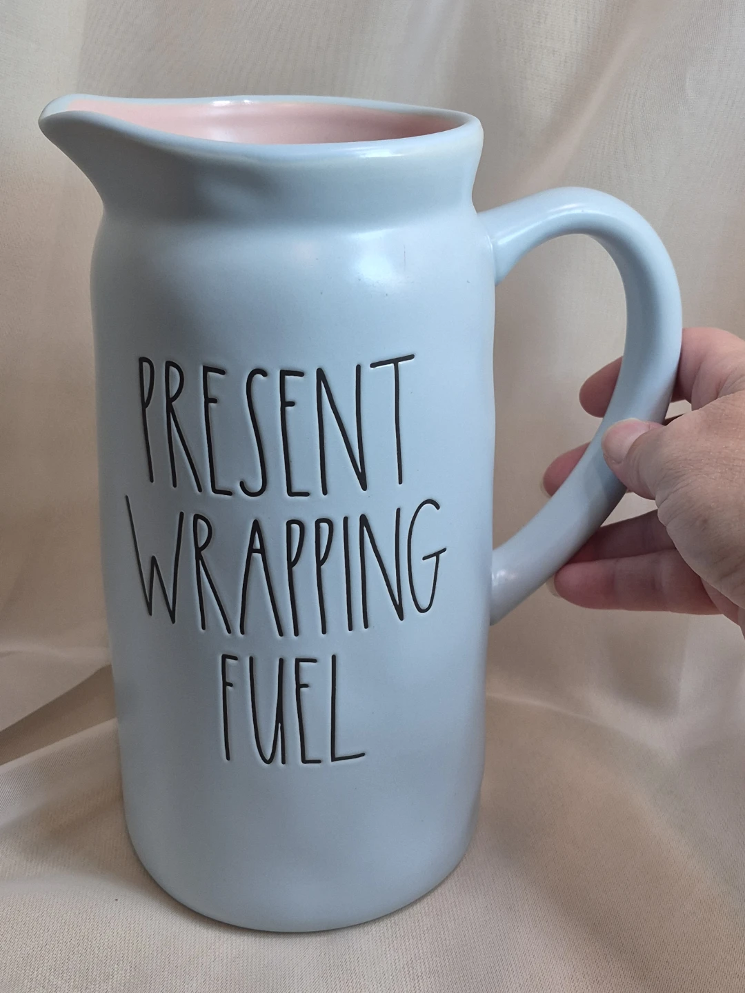 Beautiful 8 1/2" x 4" Rae Dunn "Present Wrapping Fuel" Pitcher
