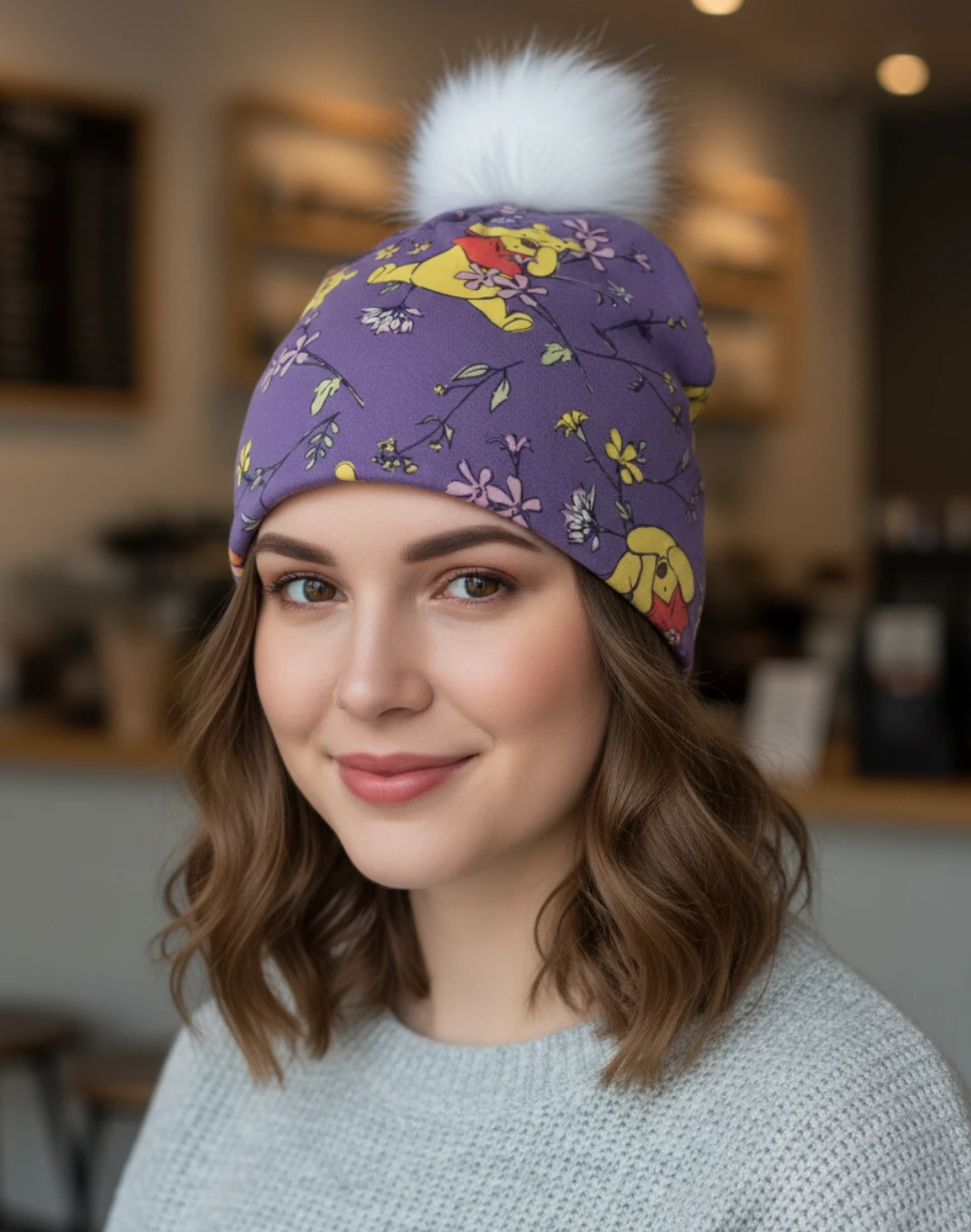 Purple Winnie the Pooh Beanie with Faux Fur Pom